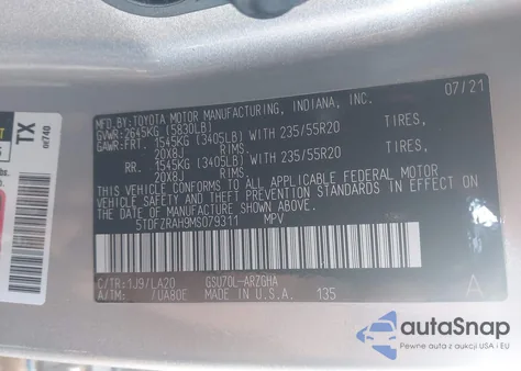 2021 Toyota Highlander Platinum z USA, uszkodzony, nr VIN 5TDFZRAH9MS079311